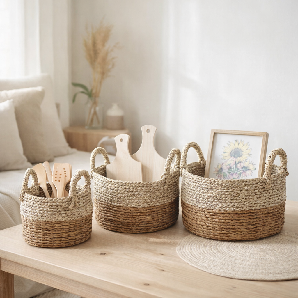 Panier de rangement | Panier décoratif | Panier à plantes KUTUS (naturel) en jonc de mer et fibre de bananier (3 tailles) en situation
