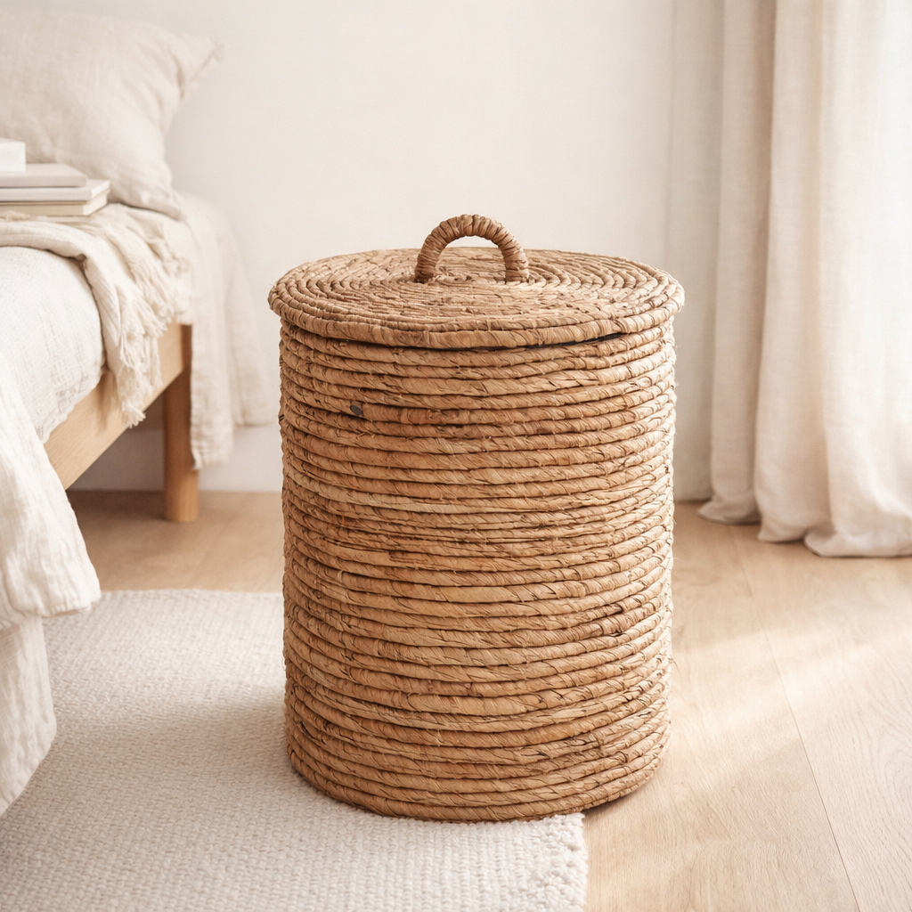Panier à linge avec couvercle OMBAK en fibre de banane en situation