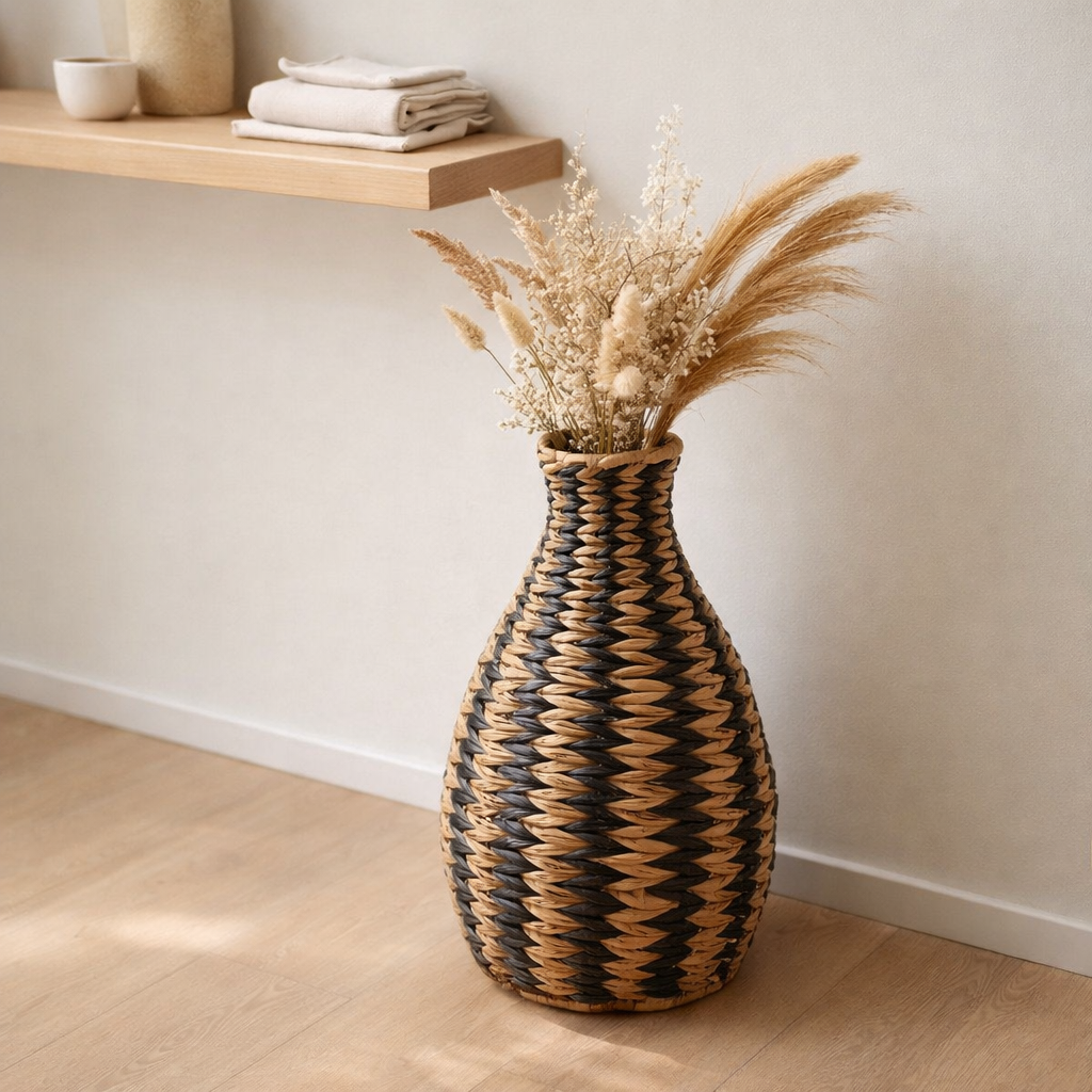 Vase boho tissé DAYANA noir en jacinthe d'eau en situation