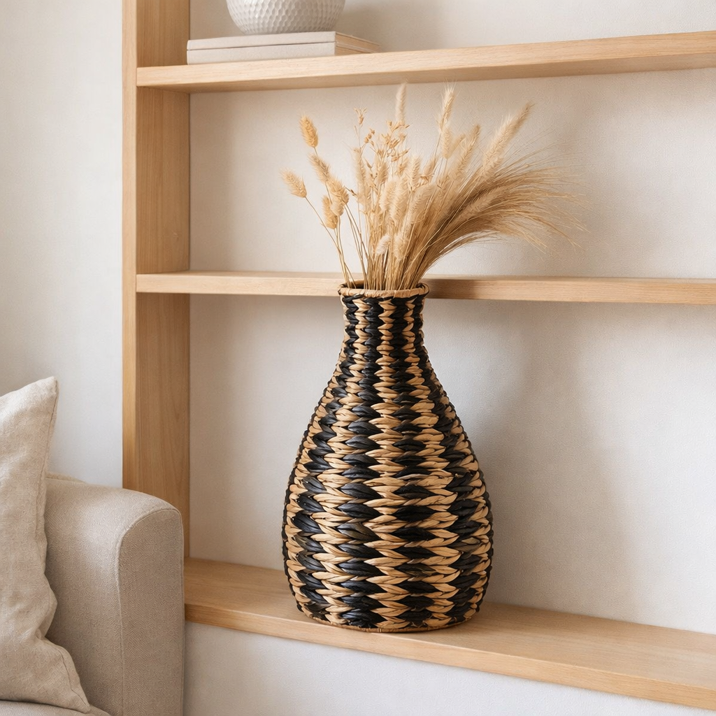 Vase boho tissé DAYANA noir en jacinthe d'eau en situation