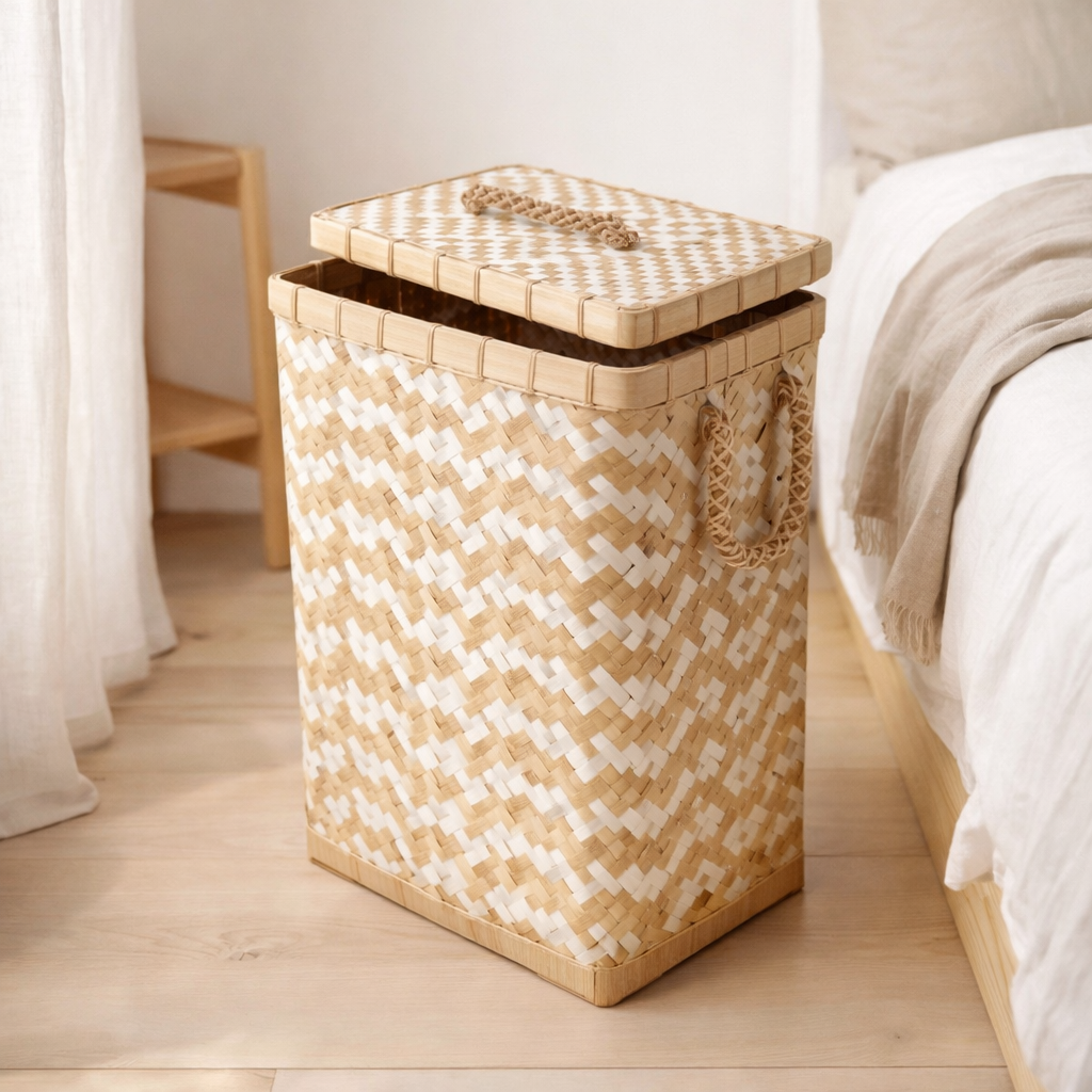 Panier à linge avec couvercle DARI tissé à la main en bambou avec un motif zigzag blanc beige en situation