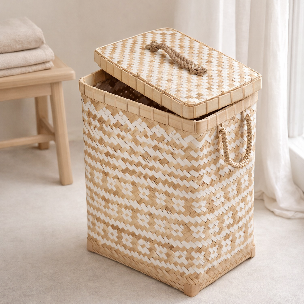 Panier à linge avec couvercle DARI tissé à la main en bambou avec un motif zigzag blanc beige en situation