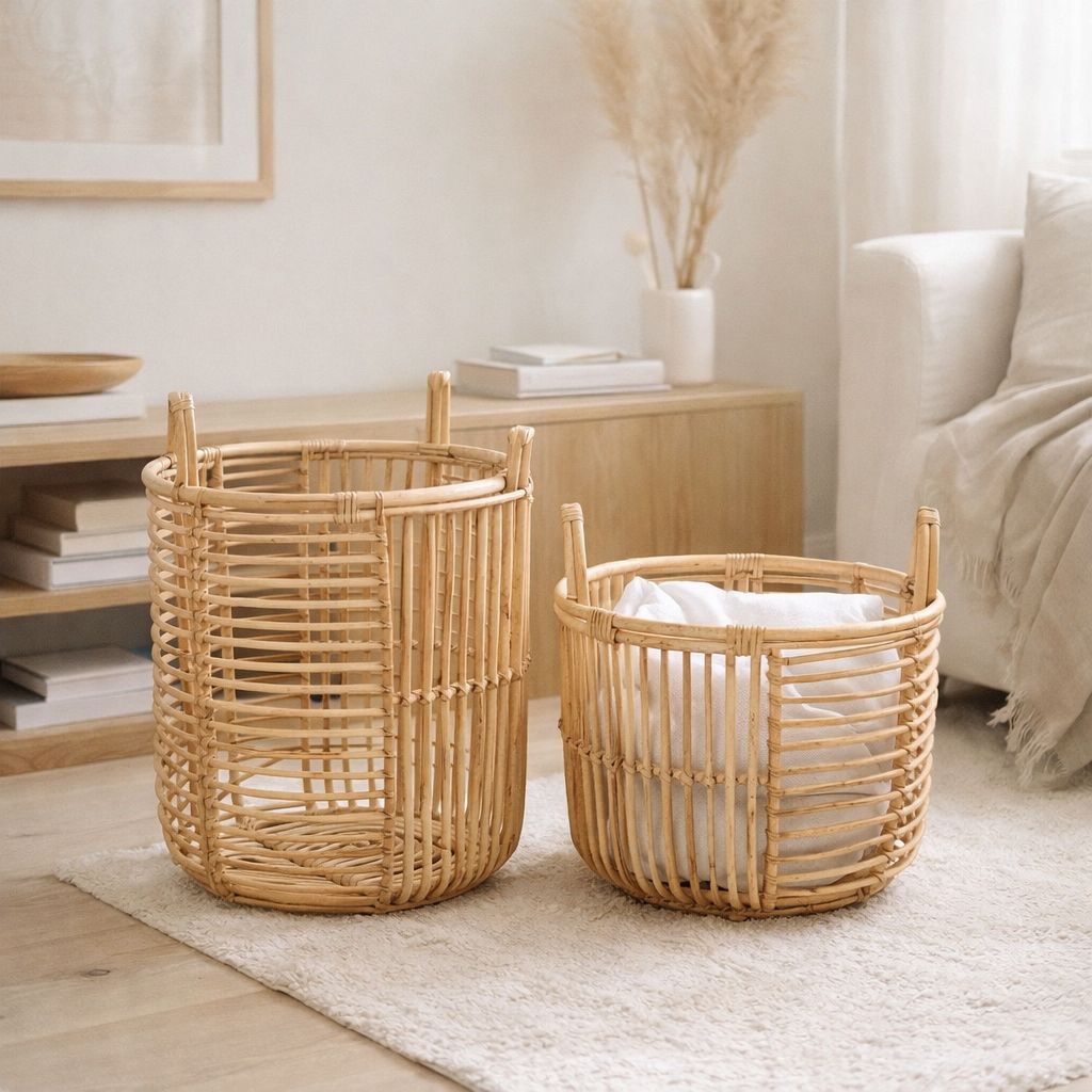 Panier à linge | Panier de plantes | Panier de rangement JEMUH en rotin (2 tailles) en situation