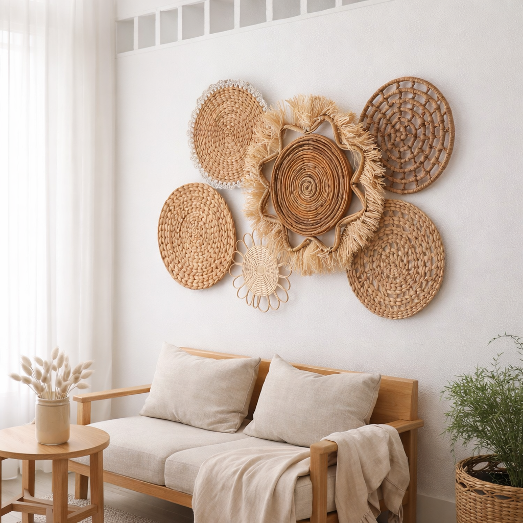 Ensemble de décoration murale tropicale 6 pièces mixtes DALUM Boho Decor tissé à la main à partir de matériaux naturels en situation