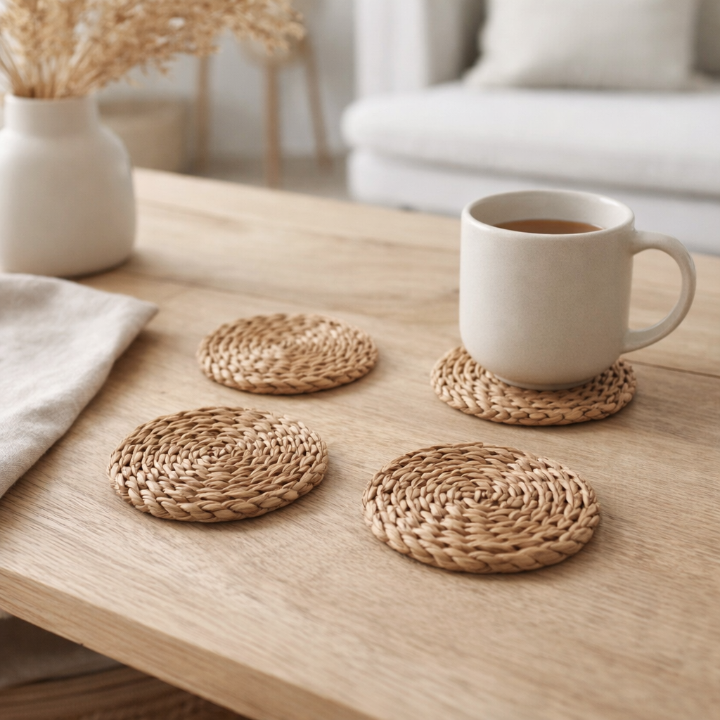 Coasters tissés à partir d’herbiers marins Ensemble de 4 ou 8 sous-verres ronds faits à la main SUKU en situation