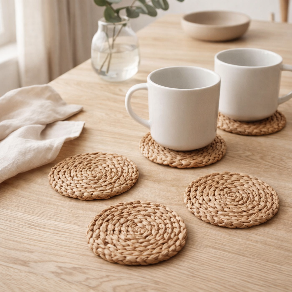 Coasters tissés à partir d’herbiers marins Ensemble de 4 ou 8 sous-verres ronds faits à la main SUKU en situation