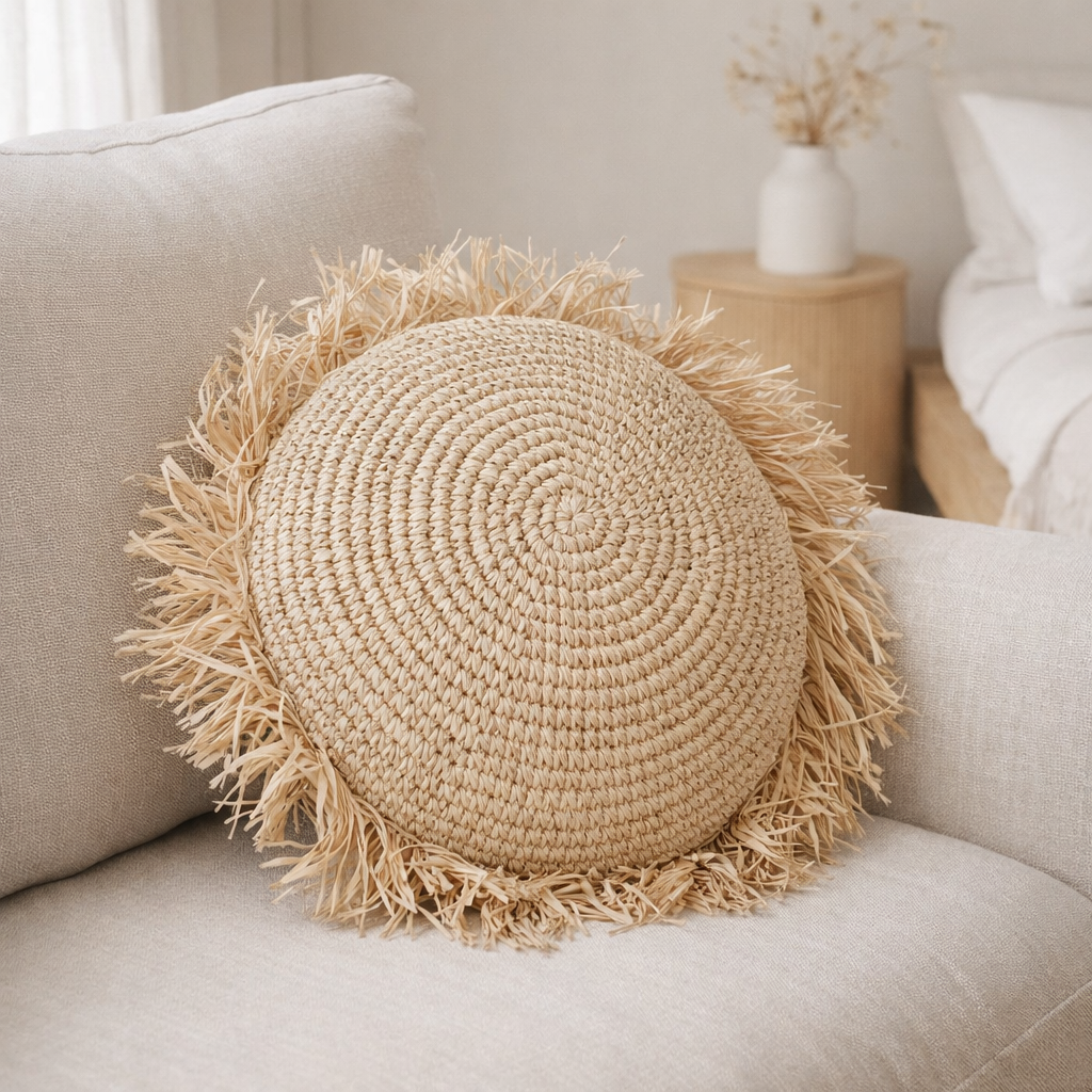 Coussin rond bohème avec franges Coussin décoratif Ø40/50 cm Coussin en raphia Coussin de canapé avec rembourrage TARAKAN beige en situation