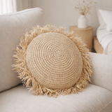 Coussin rond bohème avec franges Coussin décoratif Ø40/50 cm Coussin en raphia Coussin de canapé avec rembourrage TARAKAN beige en situation