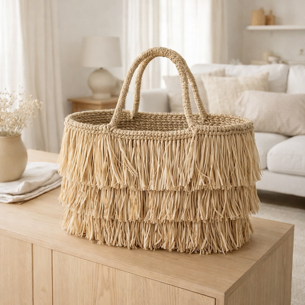 Grand sac panier Boho en raphia et jonc de mer avec franges – Sac fourre-tout d’été fait main TOBA en situation