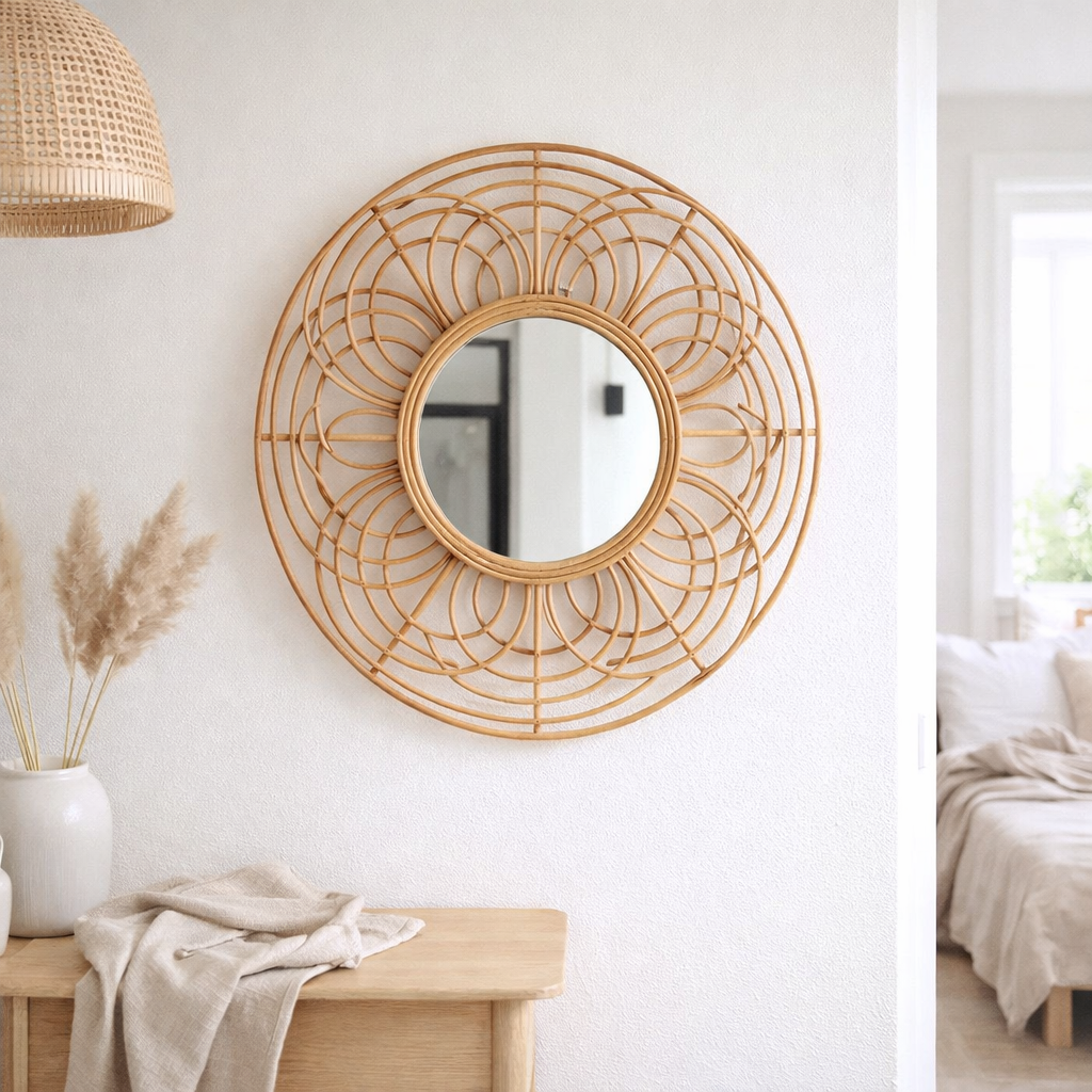 Miroir rond en rotin 58 cm | Miroir mural Boho fait main PUTUK en situation