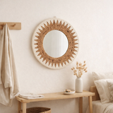 Miroir Bohème Rond 60 cm | Miroir mural tissé à la main AWAN | Décoration murale avec motif en cordons de coton en situation
