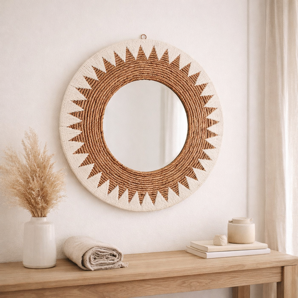 Miroir Bohème Rond 60 cm | Miroir mural tissé à la main AWAN | Décoration murale avec motif en cordons de coton en situation