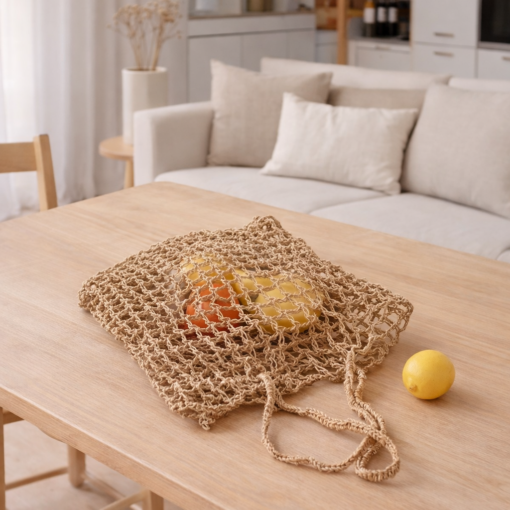Sac à cordes en raphia | Sac d'épicerie réutilisable tissé à la main CANANG en situation