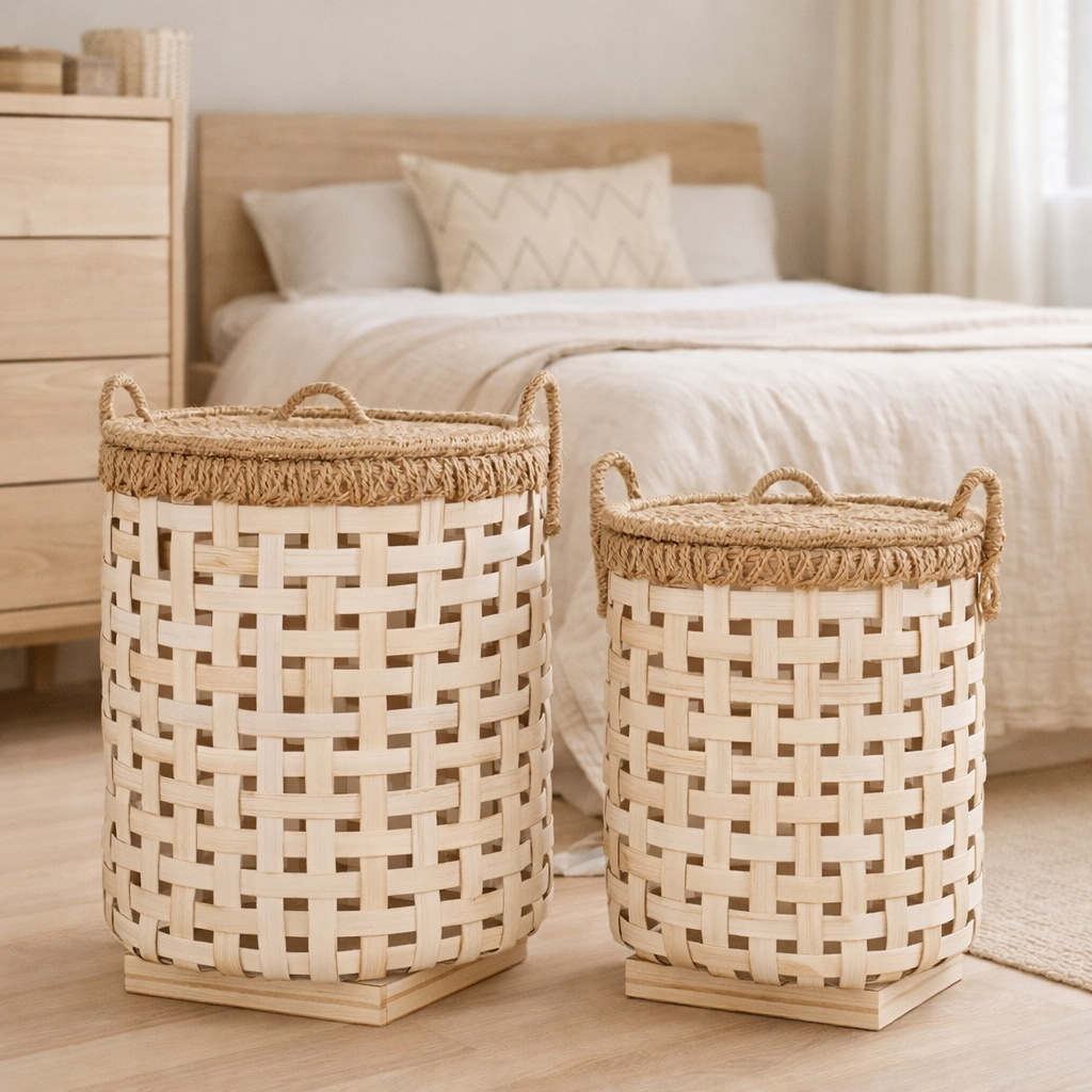 Panier à linge avec couvercle IRAYA en bambou en situation