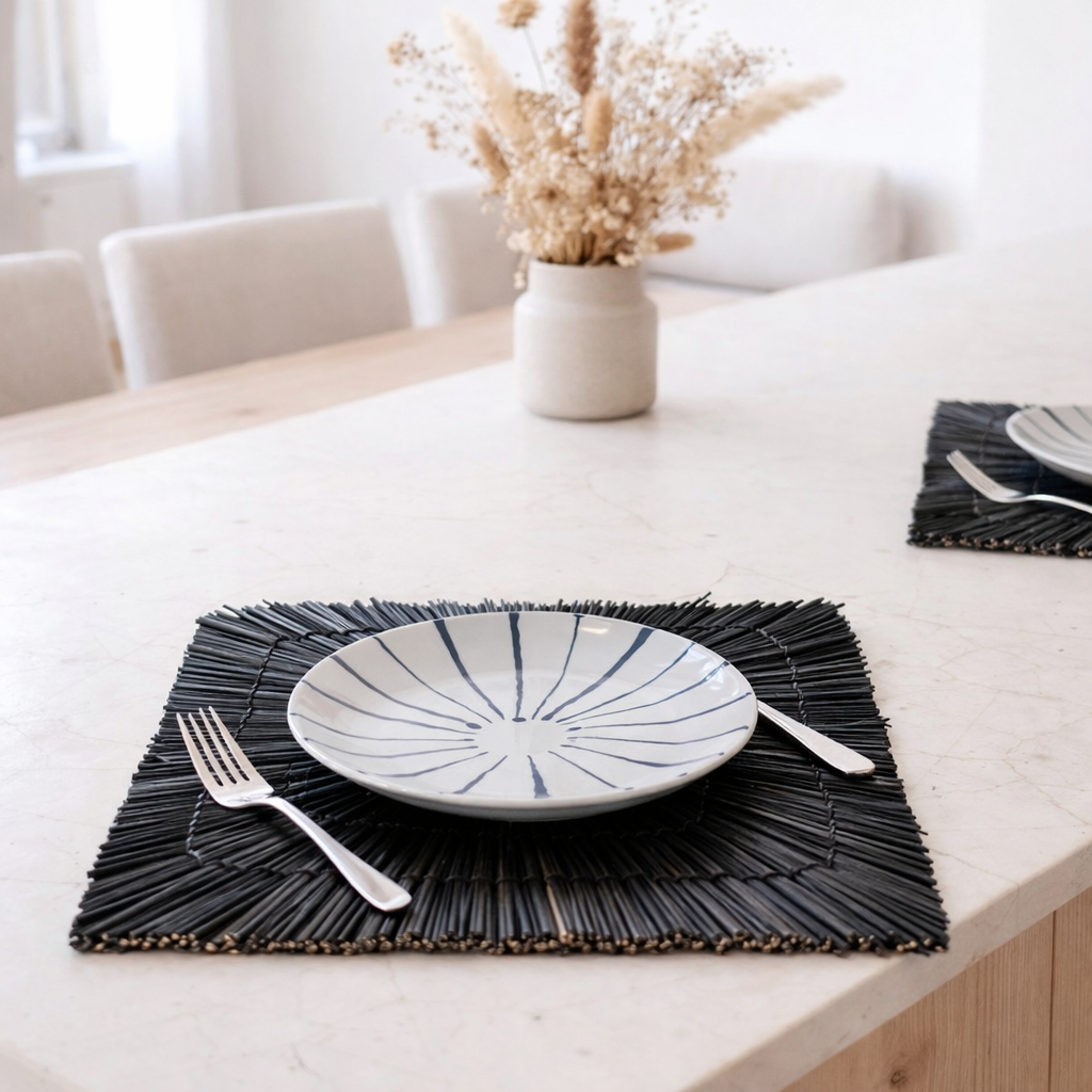 Set de table en jonc de mer noir (lot de 2, 4 ou 6) 36 cm | Set de table carré rectangulaire VARNA (noir) en situation
