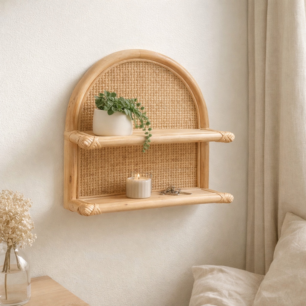 Etagère murale en rotin 30x30 cm | Petite étagère suspendue TIASA beige en situation