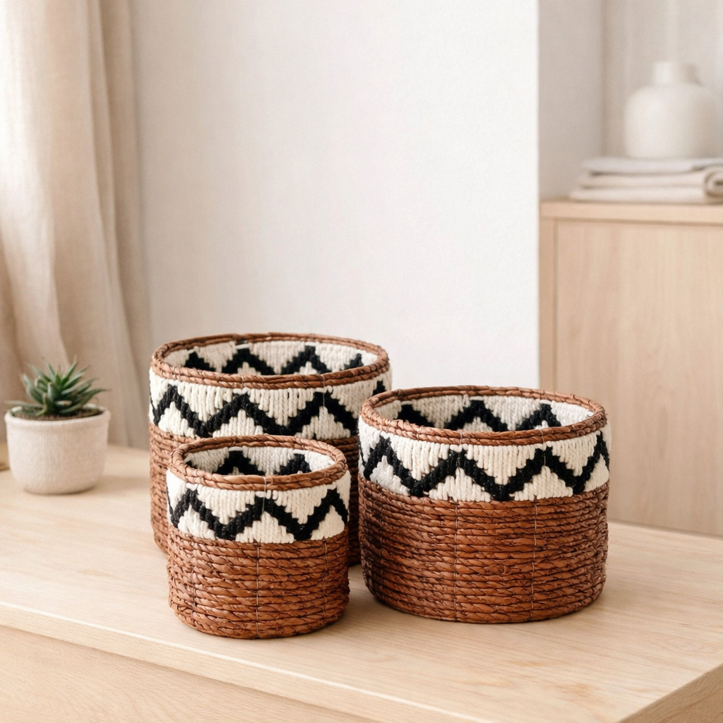 Petit panier rond pour plantes ou comme panier de rangement | Panier Boho tissé SADARA avec motif macramé en situation
