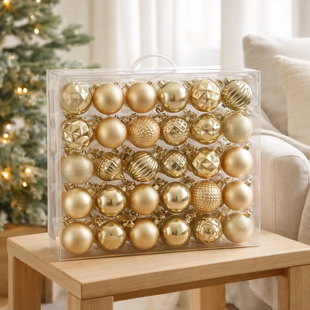 Kerstballen set Boules incassables Champagne en situation