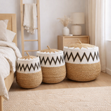 Panier à linge avec couvercle – Panier à linge Boho rond – Grand panier Boho – Panier tissé avec motif coton PALEM (3 tailles Ø33/43/55cm) en situation