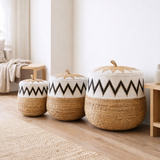 Panier à linge avec couvercle – Panier à linge Boho rond – Grand panier Boho – Panier tissé avec motif coton PALEM (3 tailles Ø33/43/55cm) en situation