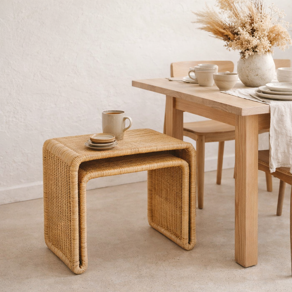 Table d'appoint en rotin avec structure en métal stable – Table basse fabriquée à la main BAYU en situation