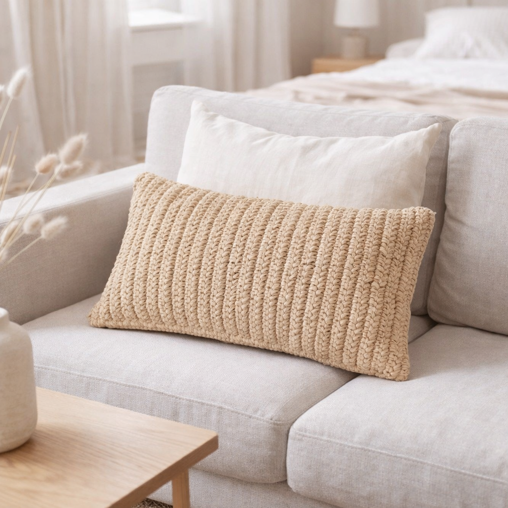 Coussin en raphia 50x30 cm avec rembourrage, coussin décoratif pour canapé DALUNG en situation