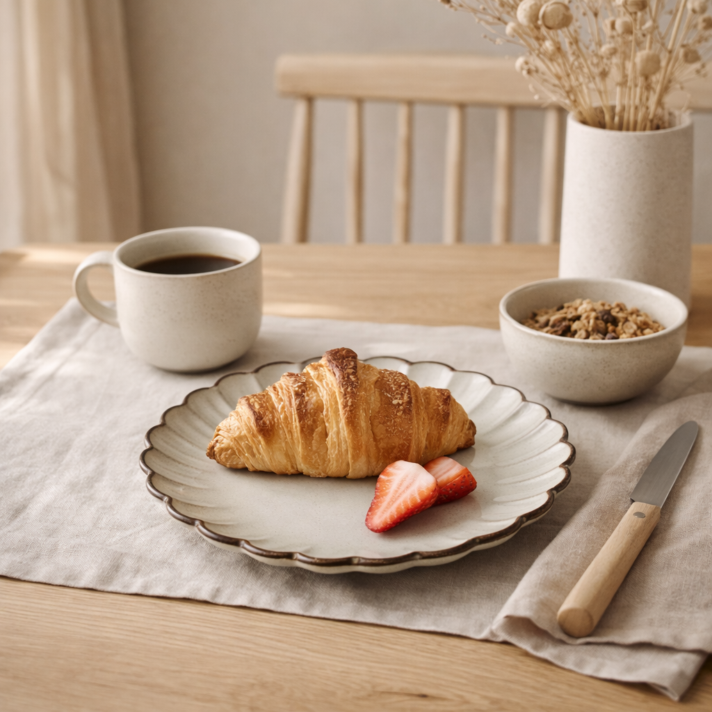 Assiette petit déjeuner Corfou Gris en situation