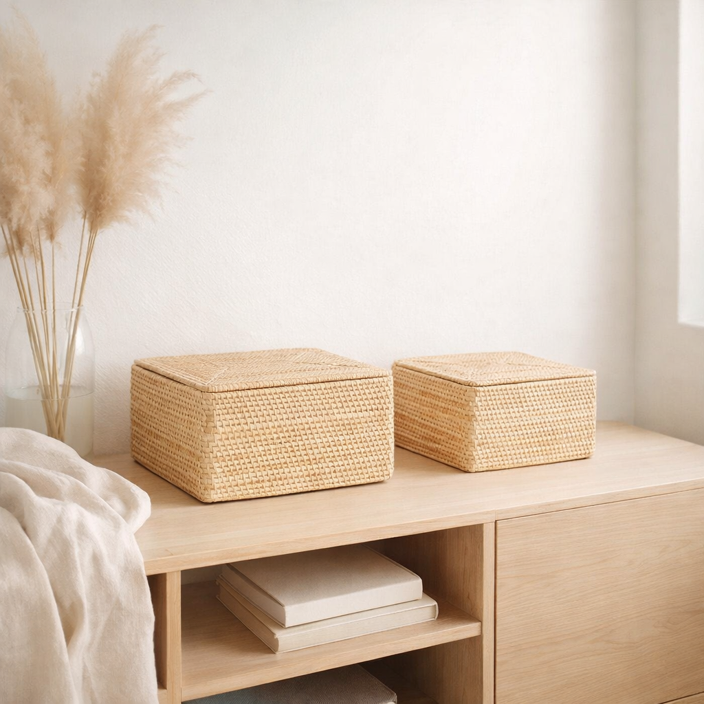 Panier de rangement avec couvercle – Panier d'étagère en rotin beige – Panier décoratif tissé à la main GRAHA (2 tailles) en situation