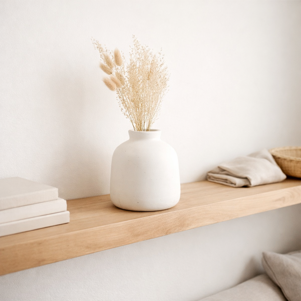 Vase blanc petit vase décoratif rond pour fleurs séchées ou fraîches coulé à la main en argile avec BAWA en situation