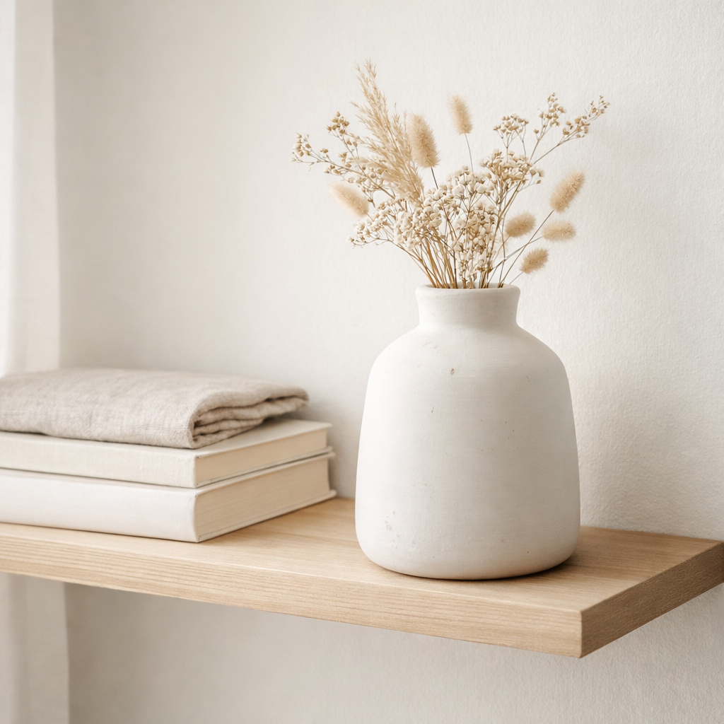 Vase blanc petit vase décoratif rond pour fleurs séchées ou fraîches coulé à la main en argile avec BAWA en situation