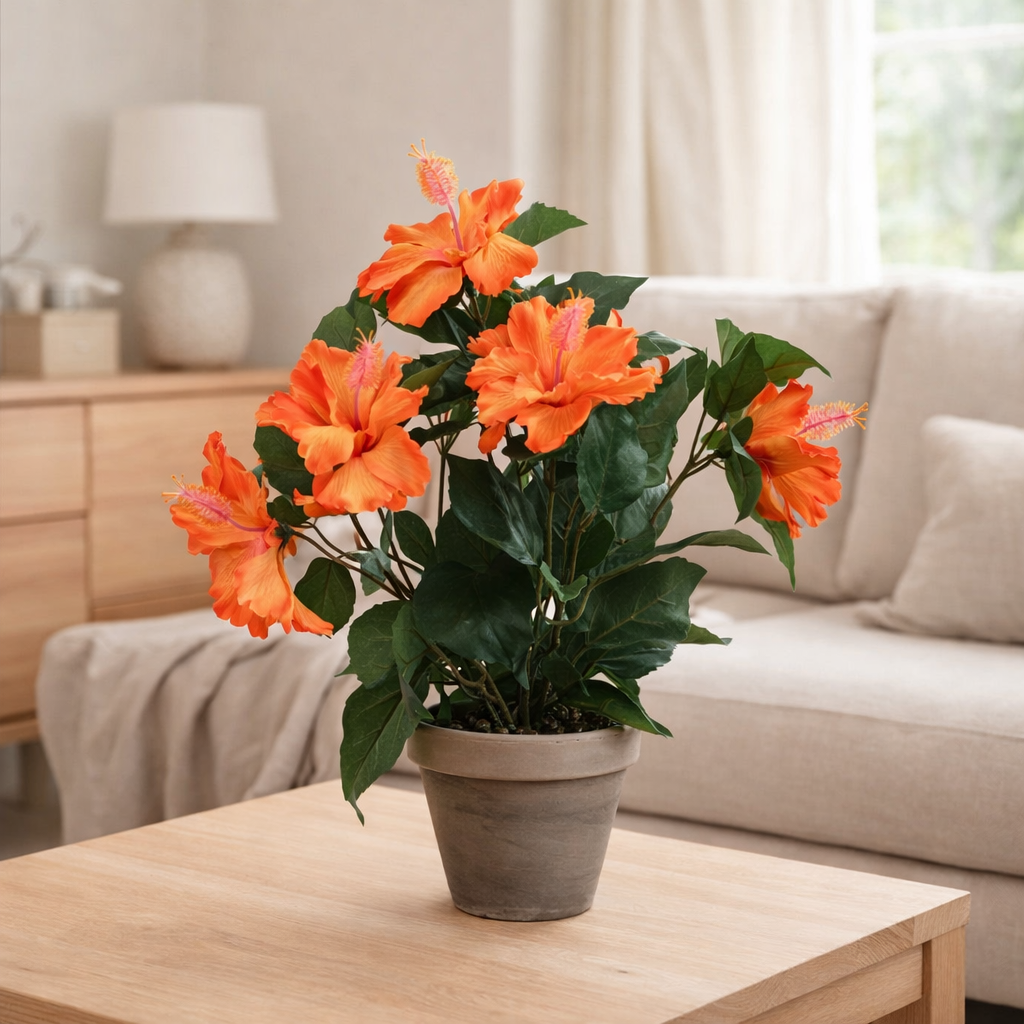 Plante artificielle Hibiscus Orange en situation