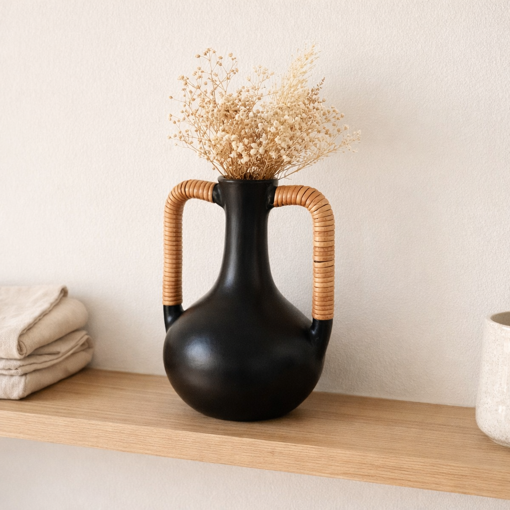 Vase noir petit vase décoratif moulé à la main en argile pour fleurs séchées ou fraîches SELAYAR en situation