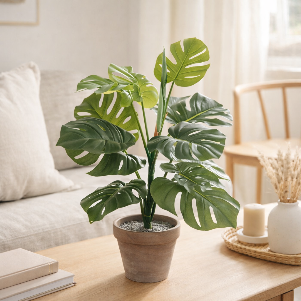 Plante artificielle Monstera verte en situation