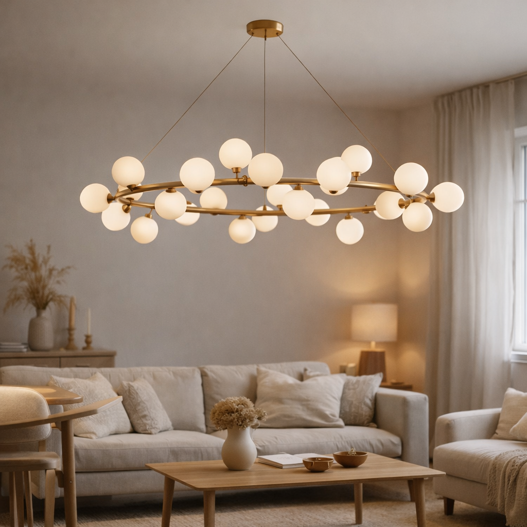 Lampe suspendue Elite Or Blanc 100CM en situation