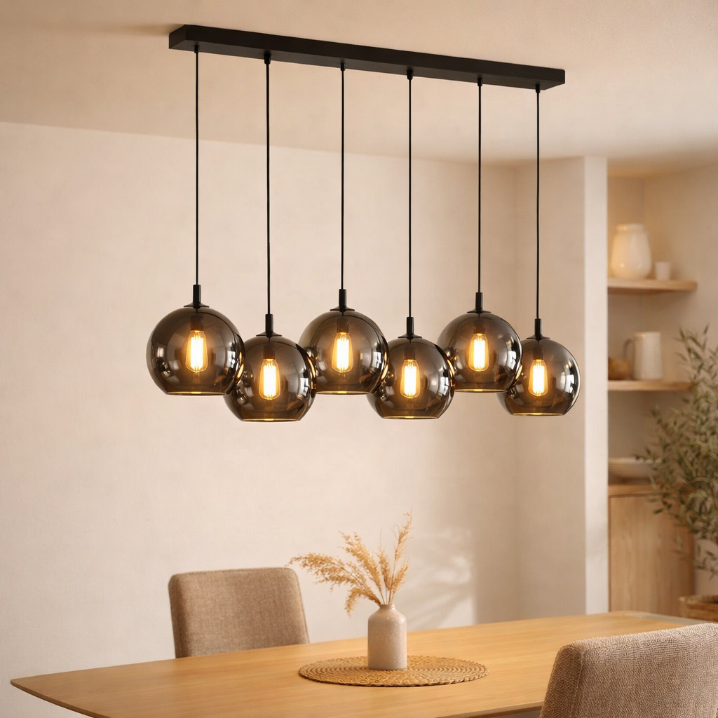 Lampe suspendue Verre fumé 5 lumières en situation