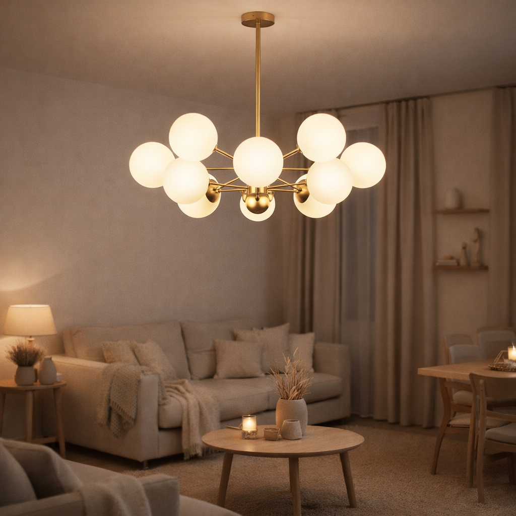 Lampe suspendue Gina Blanc Or 12 Lumières en situation