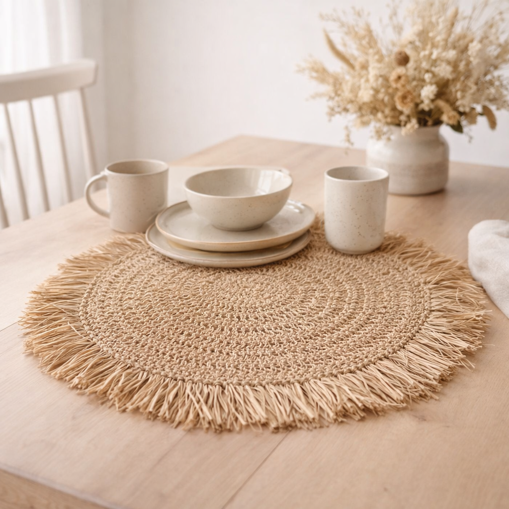 Set de table (lot de 2, 4 ou 6) 45 cm Tapis de table rond Boho WAISAI en raphia en situation