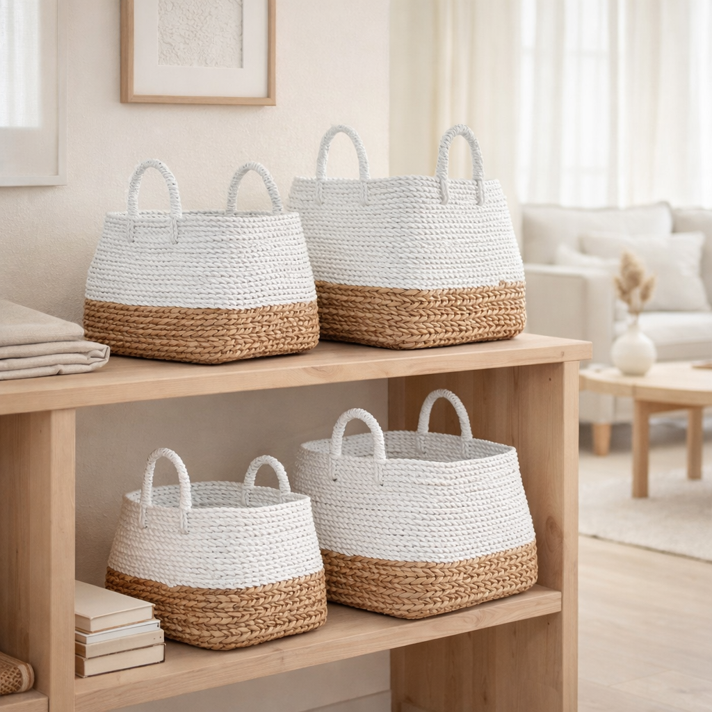 Panier de rangement tissé blanc – Panier décoratif Boho – Panier à linge carré – Panier d'étagère en fibre de bananier MAJALENGKA blanc (3 tailles) en situation