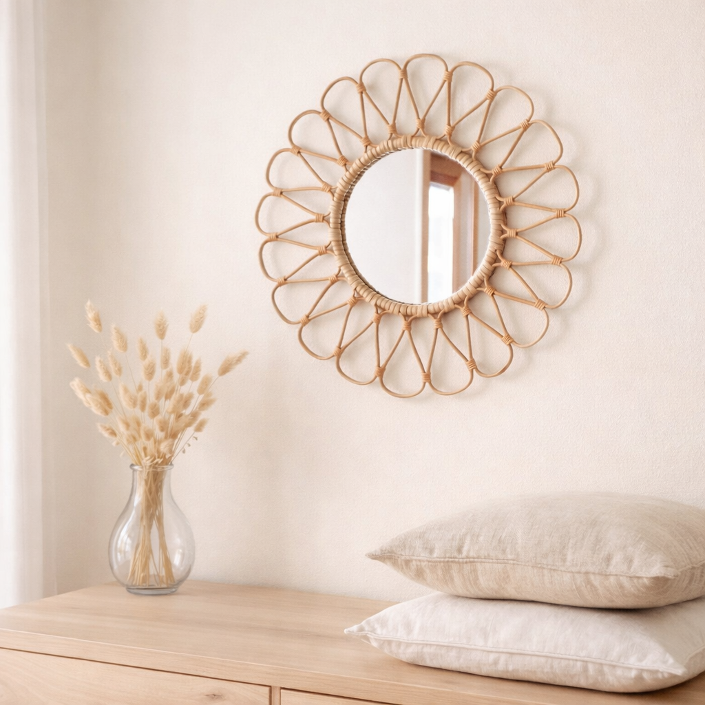 Petit miroir en rotin 38 cm fait main Boho miroir mural DANAU décoration murale miroir rond miroir décoratif en situation