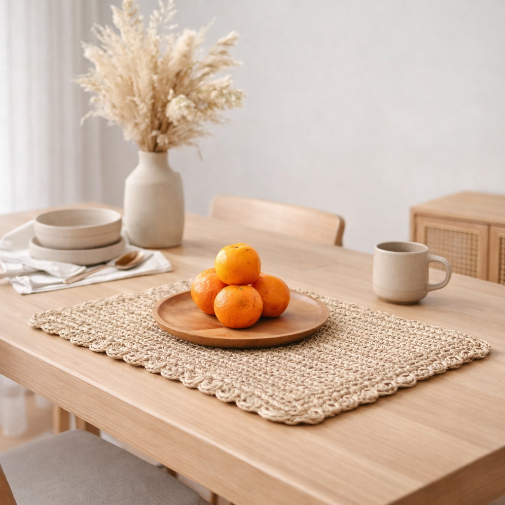 Set de table (Lot de 2, 4 ou 6) 50x30 cm | Set de table rectangulaire Boho KUARA tissé en raphia en situation