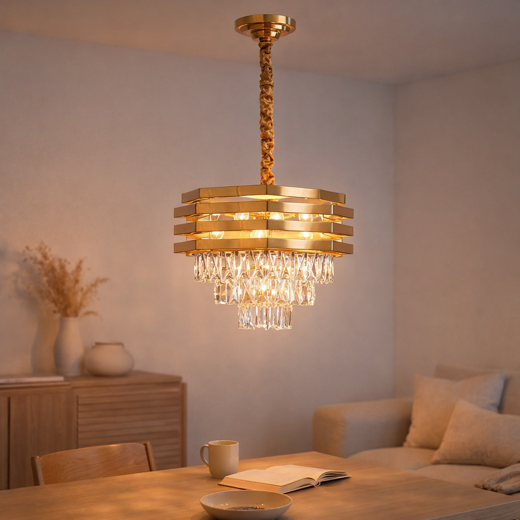 Lampe suspendue en or en cristal | 40 cm en situation