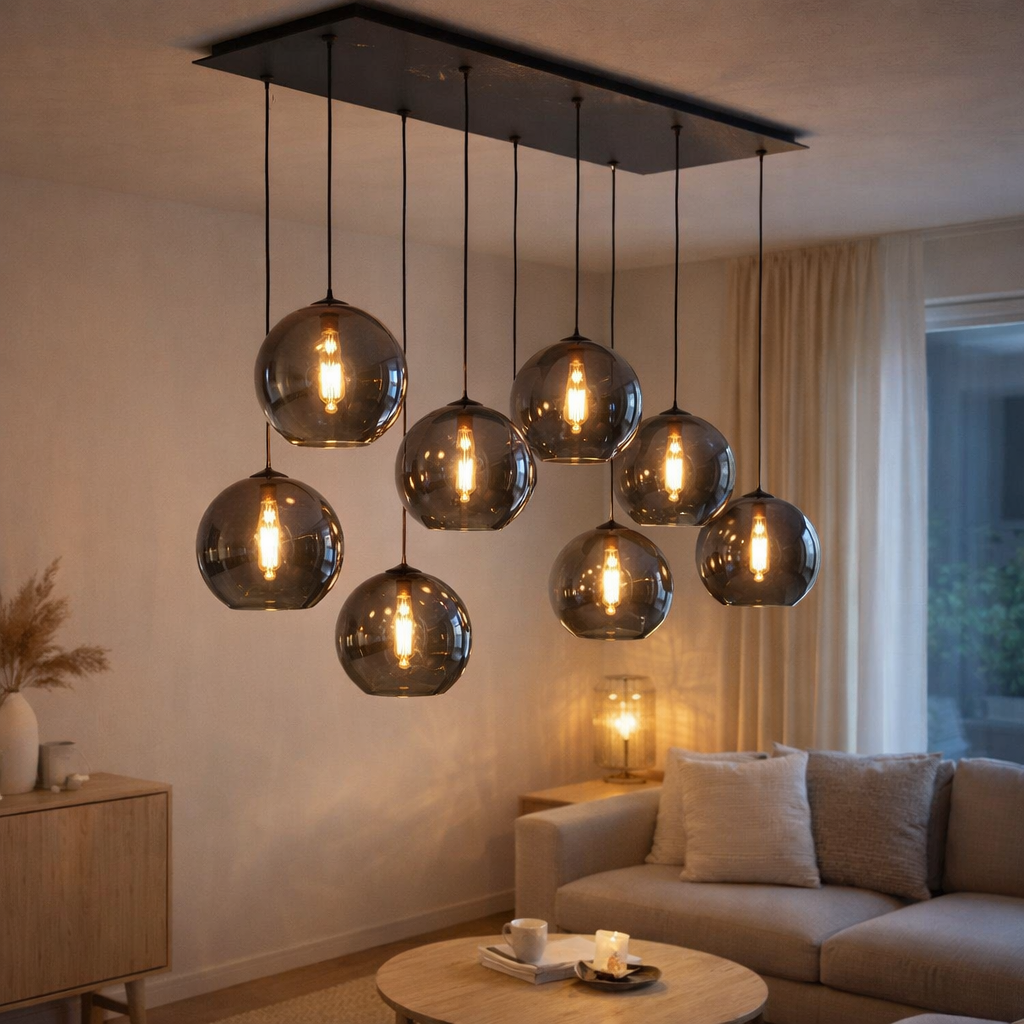 Lampe suspendue Verre Fumé 6 Lumières en situation