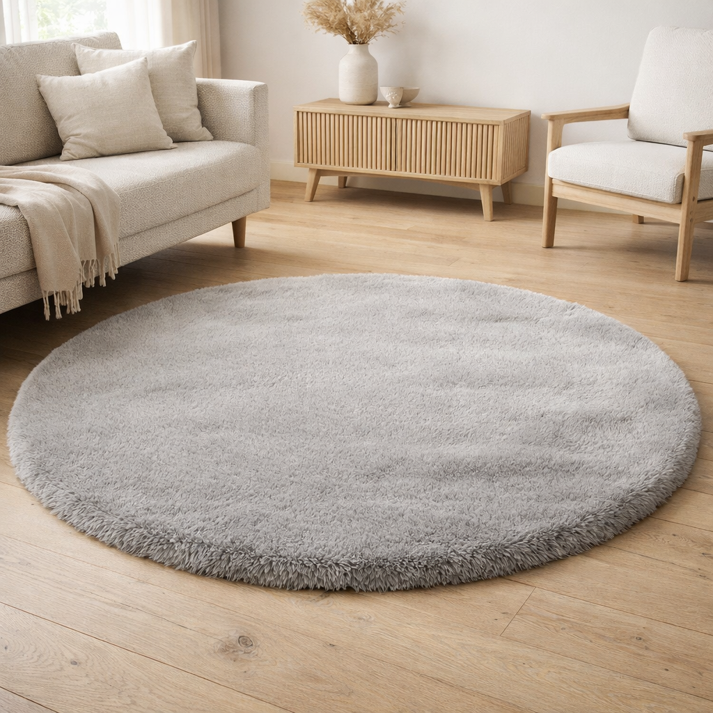 Tapis moelleux autour de gris 160x160cm en situation