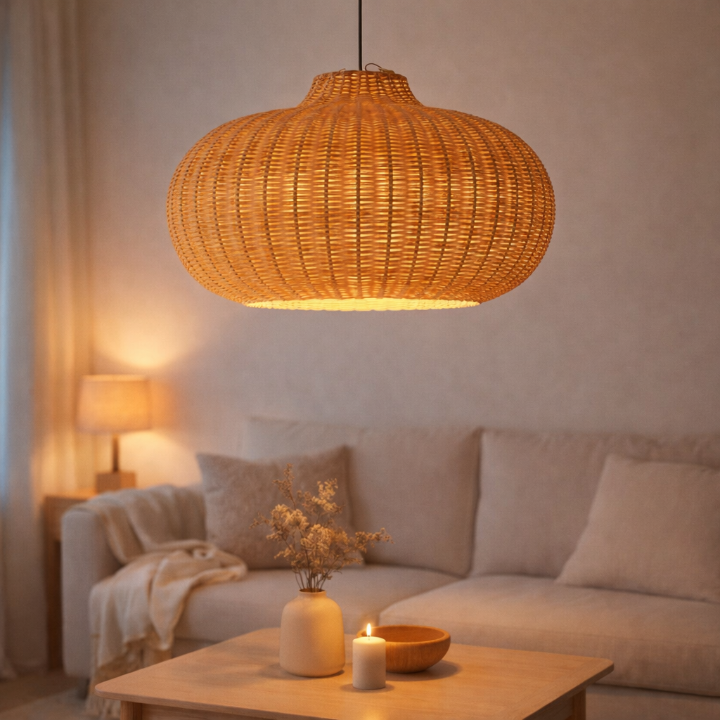Grand abat-jour en rotin - pendentif boho rond - lampe suspendue à rotin fait à la main - Fibre naturel tissé à la lampe (Ø 56 cm) Anjani en situation