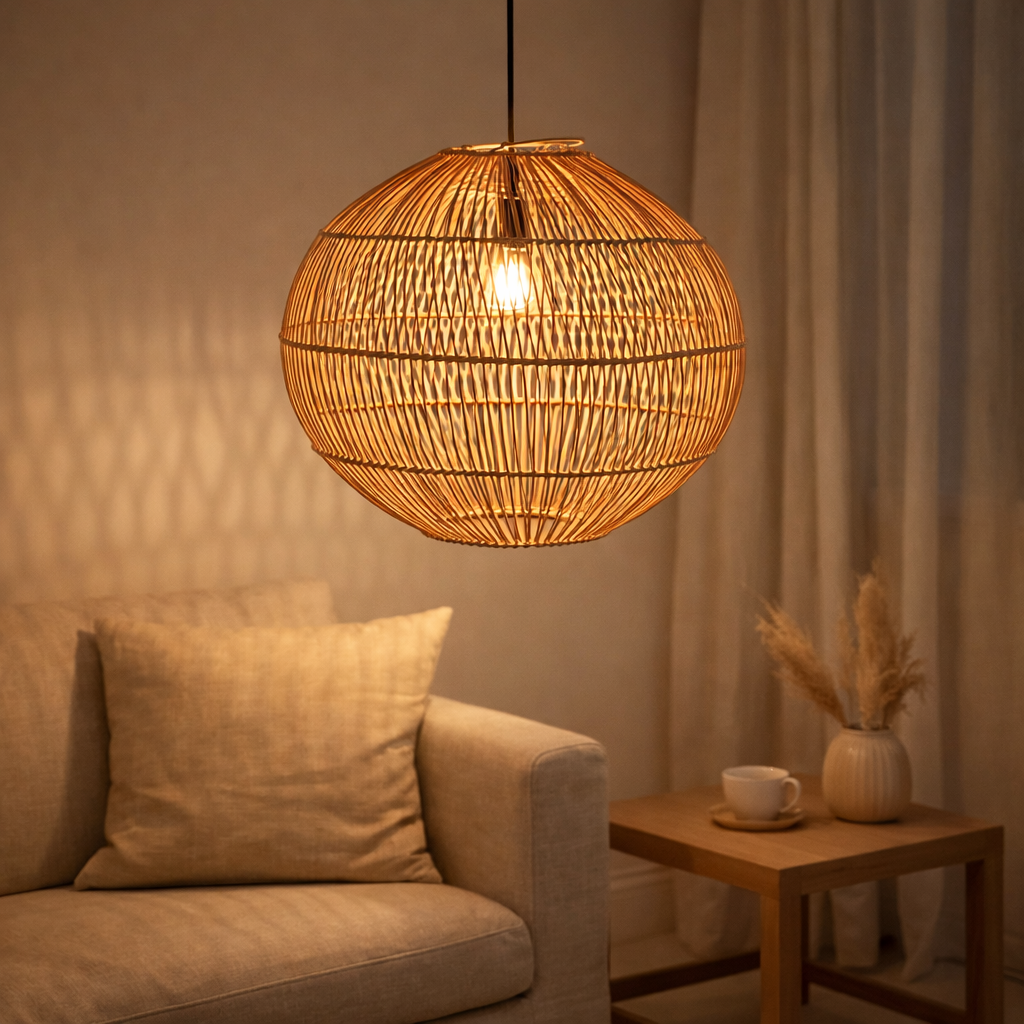 Tire lampadaire rond - Boho Pendant Light Modern - Plafond fait à la main - lampe de suspension naturelle sphérique (Ø 40/50 cm) Kencana en situation