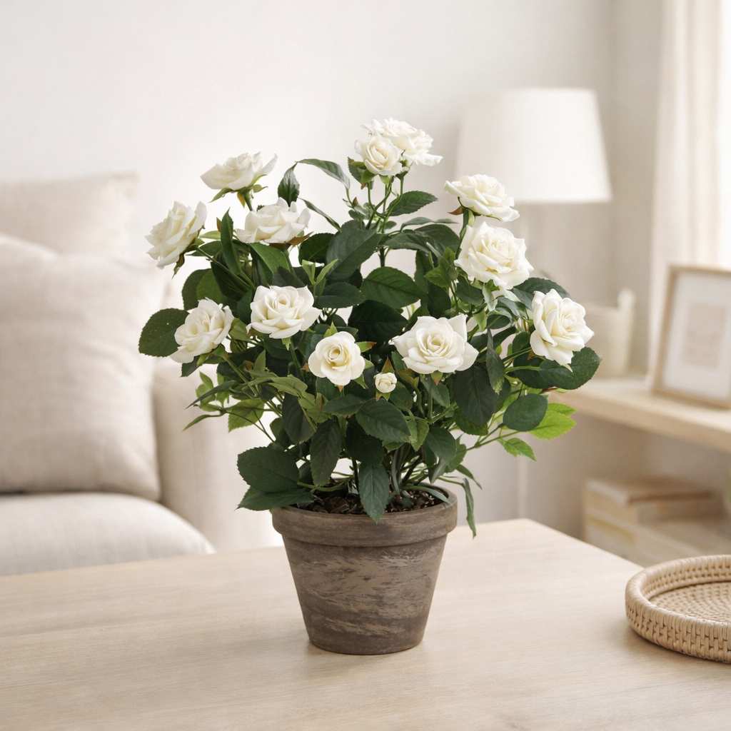 Plante artificielle Rosier Blanc en situation