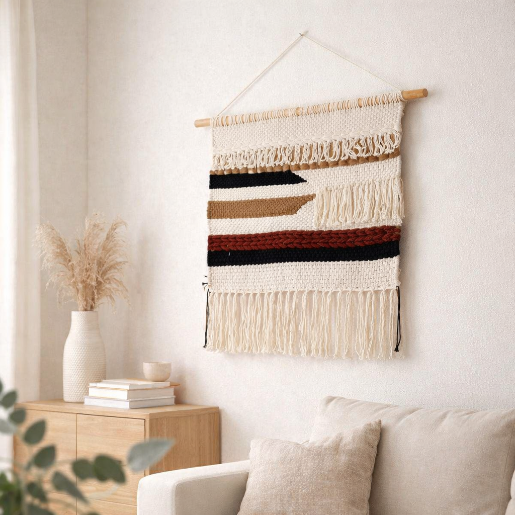 Grande macrame suspendu - décoration murale boho tissée - Muron de coton moderne matériau naturel - décoration murale tissée à la main 120x95 cm Udara en situation