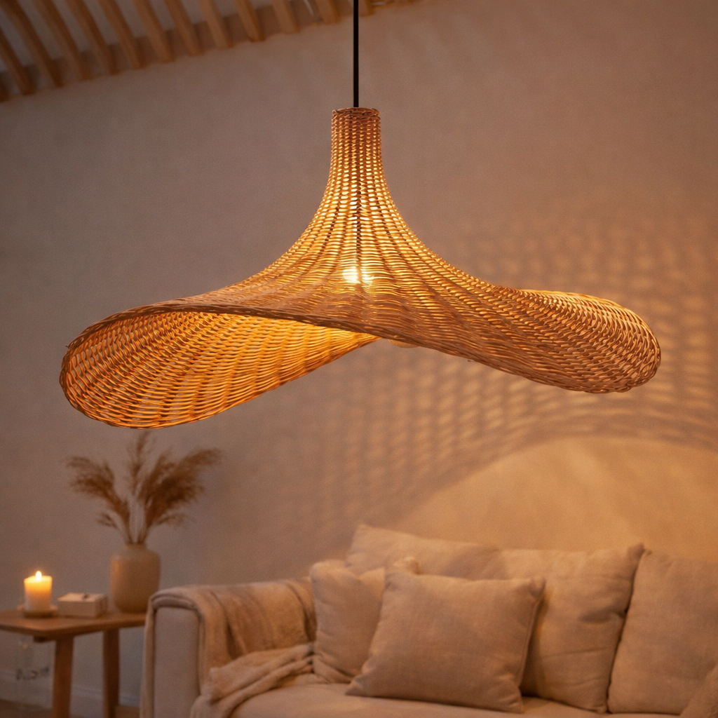Lampe en rotin | Abat-jour naturel Lampe à suspension en forme d'entonnoir SAYAN en fibres naturelles (2 tailles) en situation