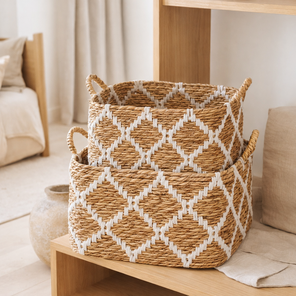 Panier à linge Boho – Panier à étagères carrées – Panier de rangement tissé – Panier à plantes – Panier décoratif en fibre de bananier GANDARIA (2 tailles) en situation