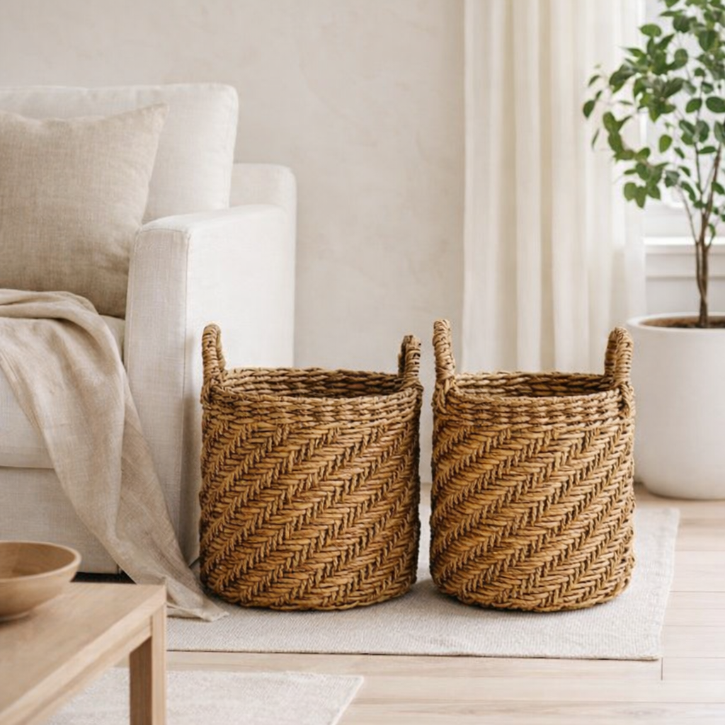 Boho Laundry ou Panier d'usine - Panier de rangement tissé rond - panier décoratif en fibre de banane (3 tailles Ø 25/32/38 cm) Rinjani en situation